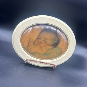 Vintage Baby Picture Convex Domed Glass Wooden Oval Frame Wall Hanging Decor